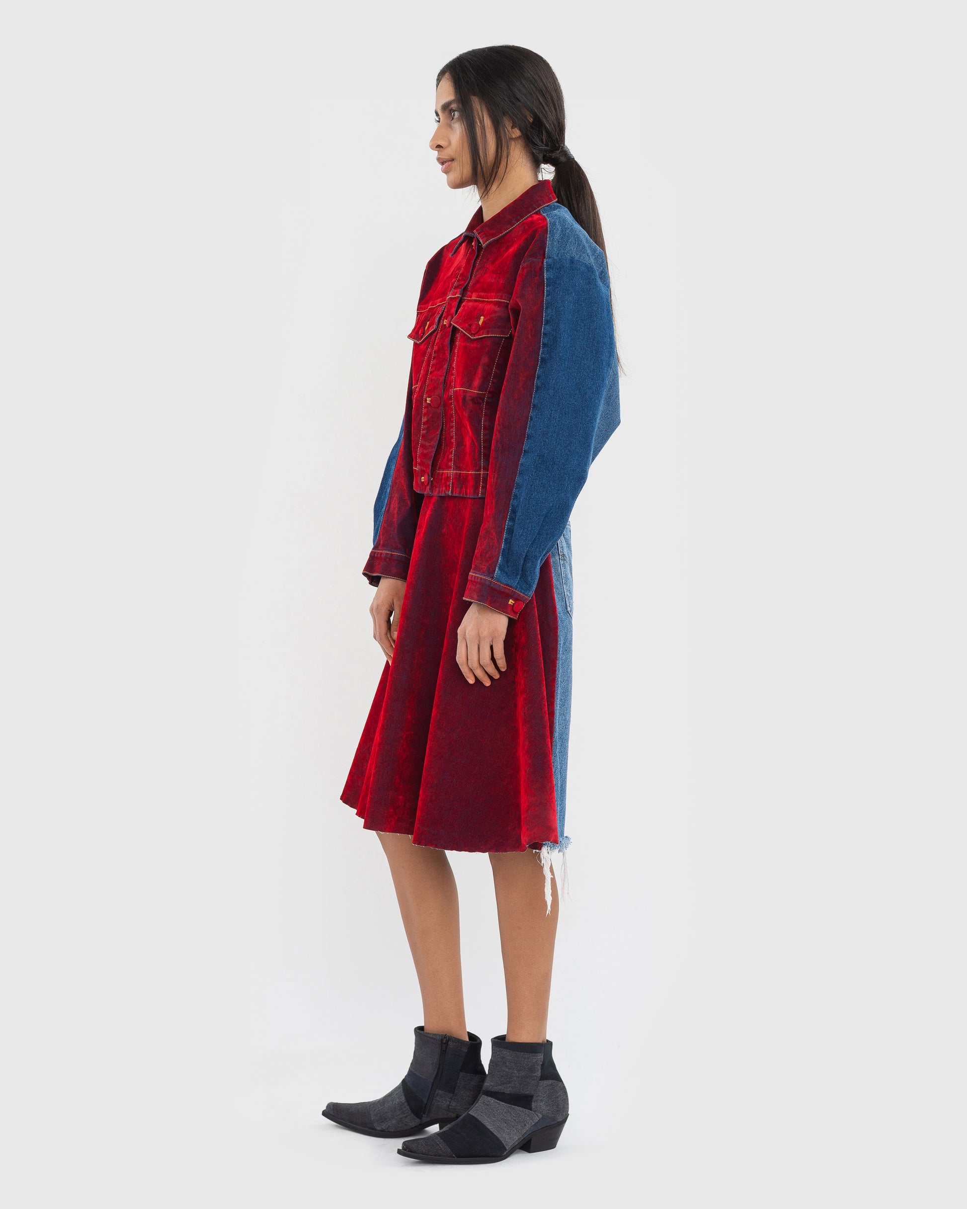 Buy Red Velours Skirt with Denim Back Part – Bottoms by Ksenia Schnaider | Ethical & Sustainable Fashion