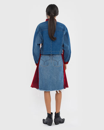 Buy Red Velours Skirt with Denim Back Part – Bottoms by Ksenia Schnaider | Ethical & Sustainable Fashion