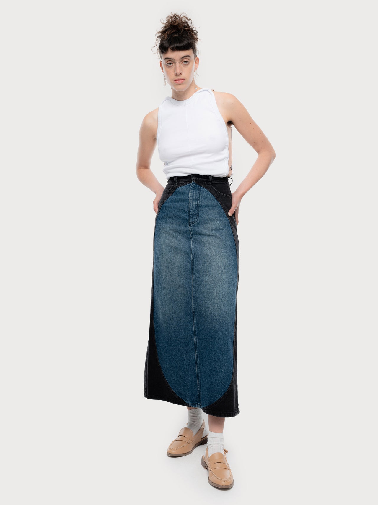 Denim Tarot Maxi Skirt with Contrast Oval Details