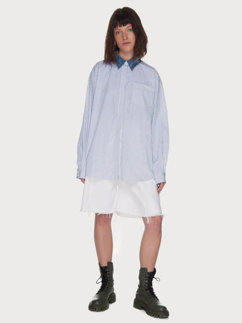 Striped Oversized Shirt with Denim Collar