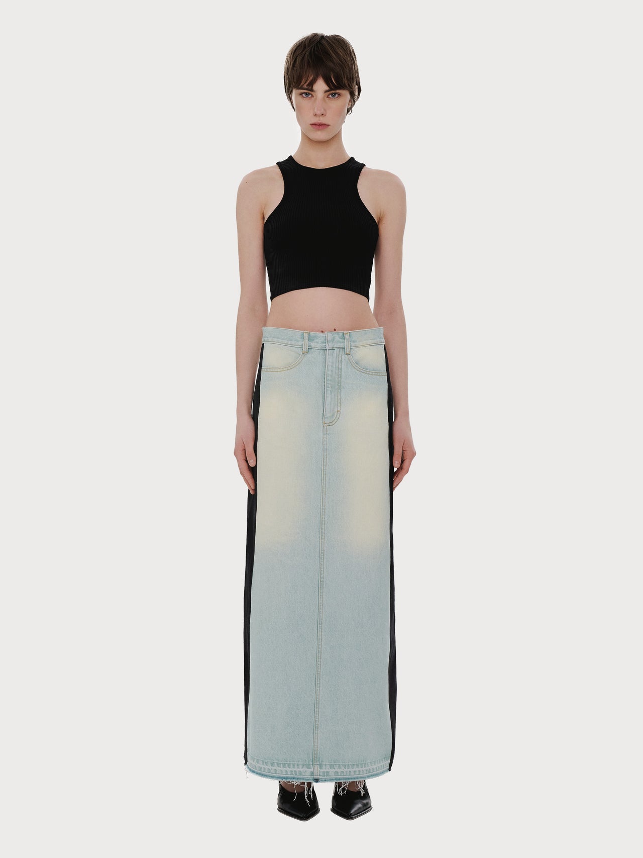 Buy Long Denim Skirt with Black Sides – Bottoms by Ksenia Schnaider | Ethical & Sustainable Fashion