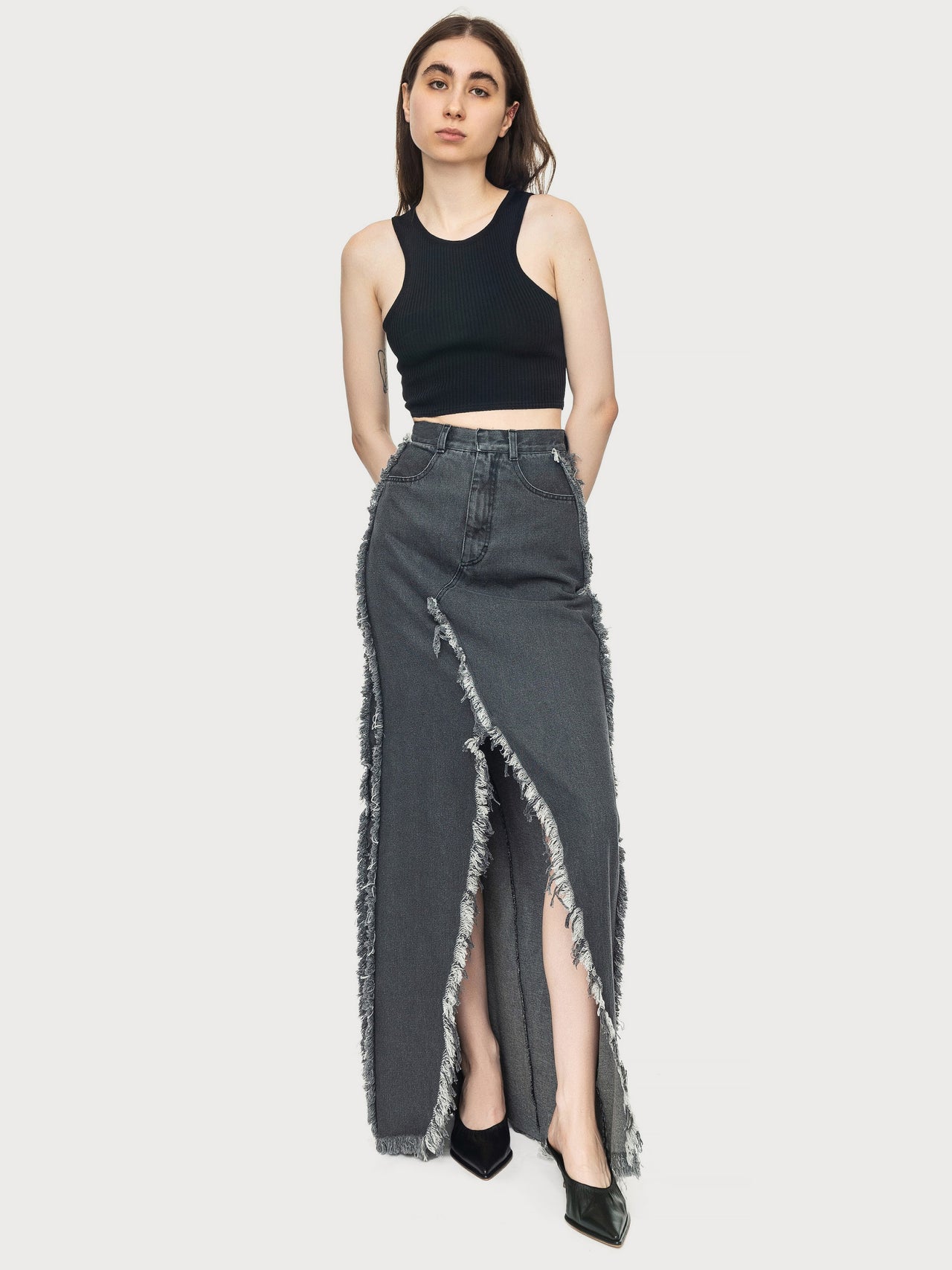 Denim Maxi Skirt with Fringed Details